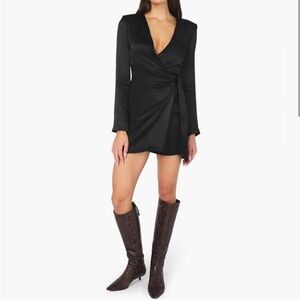WeWoreWhat Black Satin Wrap Mini Dress